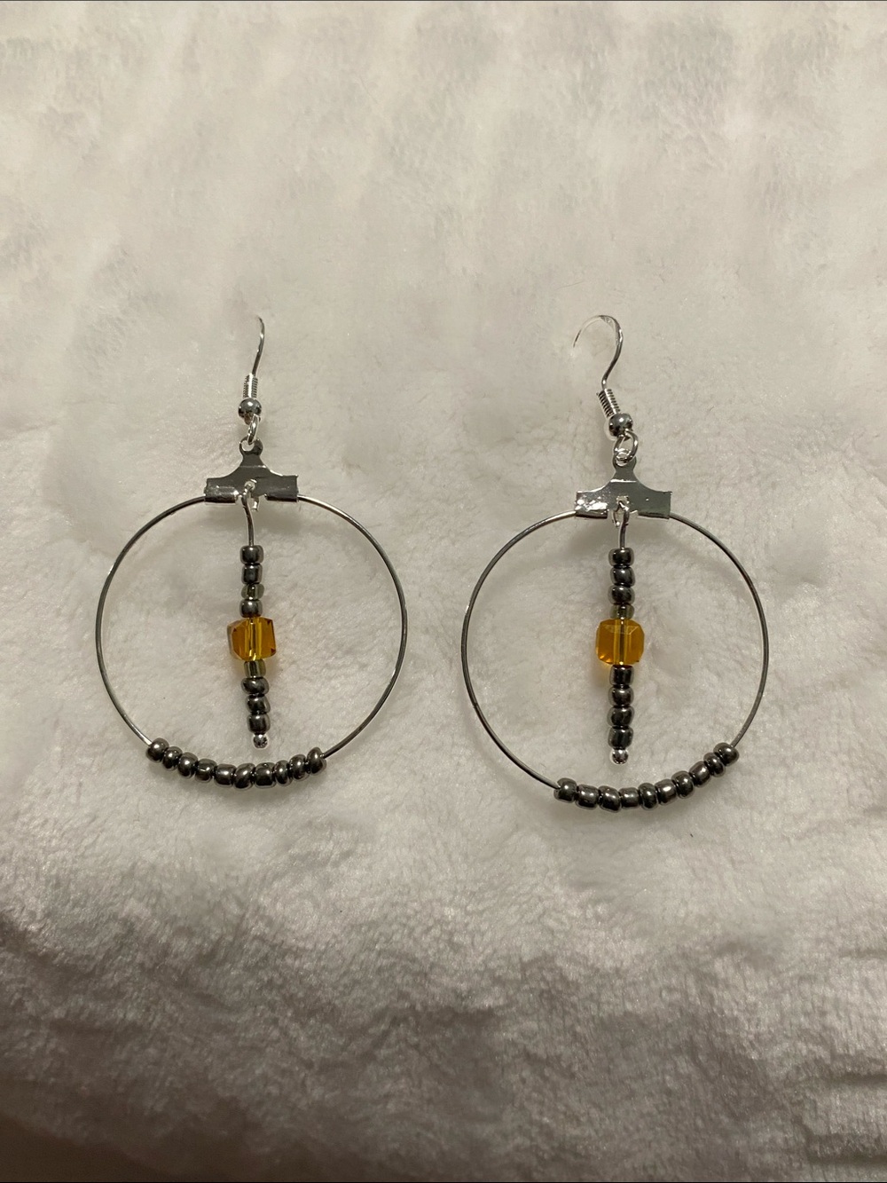 Silver Hoop Earrings with Amber Bead Accent